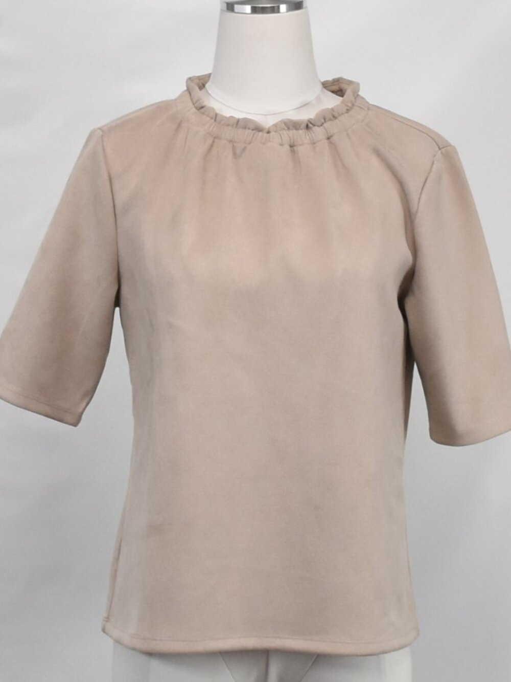 Ann Taylor Beige Faux Suede Ruffle Neck Top Medium